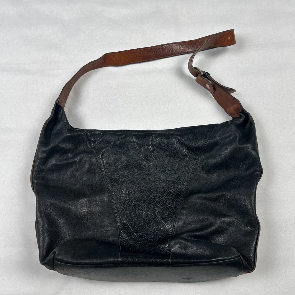 Vintage Giudi Black Brown Purse Pebbled Leather Hobo-Style Handbag Italy 456277